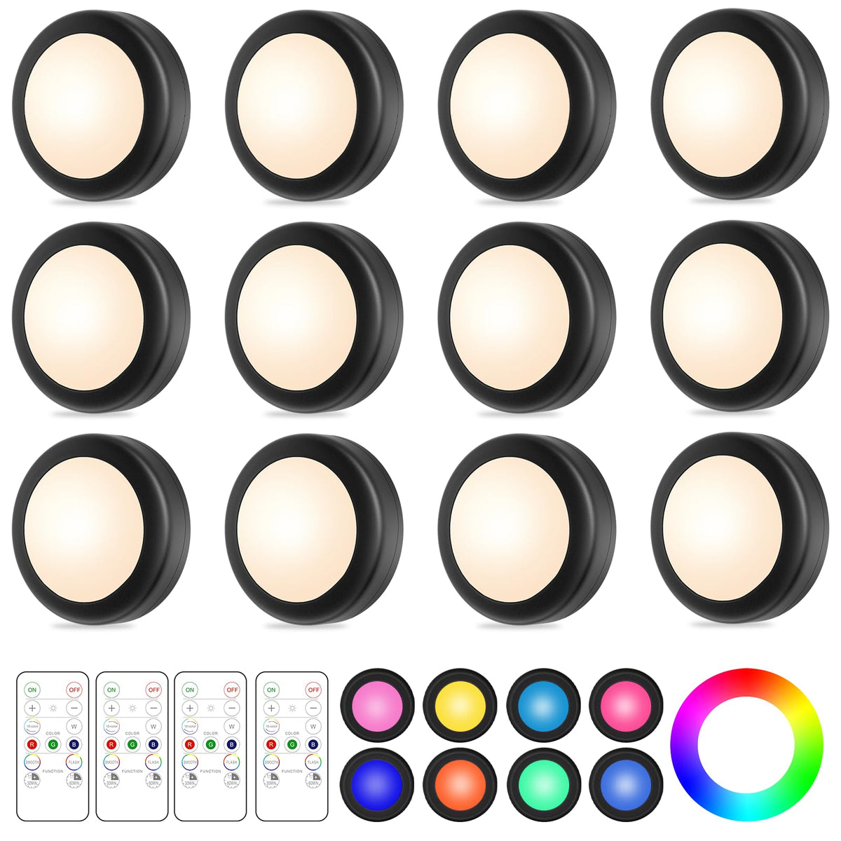 Skanto | Yiliaw 12 Pack LED Puck Lights Remote Control 16 Color Changeable Under Cabinet Lights, Battery Operated Lights Night Light With
