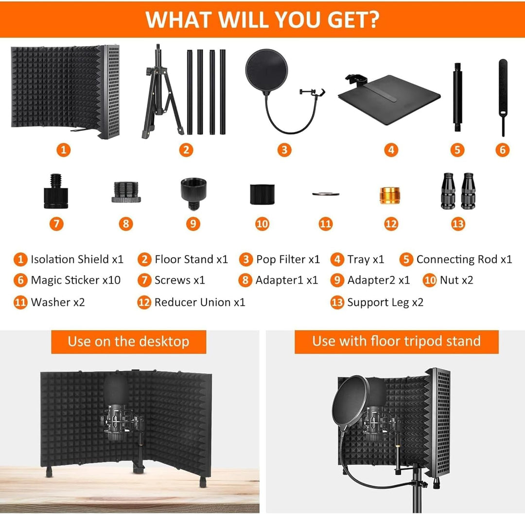 Kalsten | Triple-Layer Foldable Microphone Isolation Shield with Tripod Stand