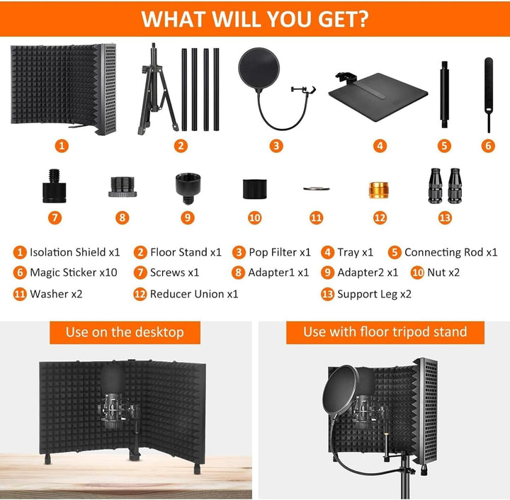 Kalsten | Triple-Layer Foldable Microphone Isolation Shield with Tripod Stand