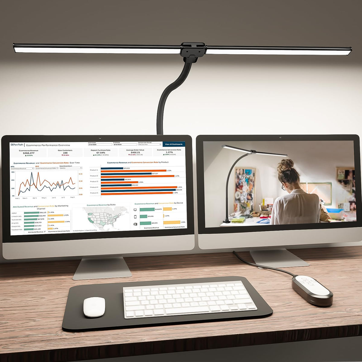 Skanto | Shinetech LED Desk Lamp for Home Office, 4000K Neutral White Double Head Architect Task Lamps with Clamp, Dimmable Adjustable Fl