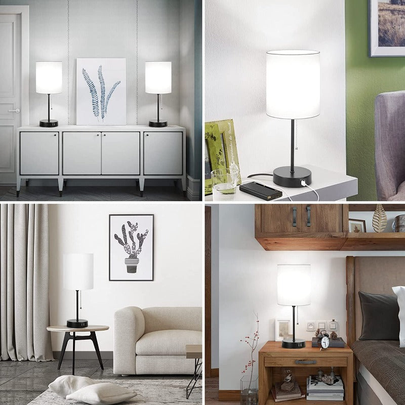 Table lamp set of 2 with USB charging ports, gray bedside lamps with AC outlet, bedside lamps with pull switch, minimalist modern desk lamps with fabric shade for living room bedroom office | Kalsten