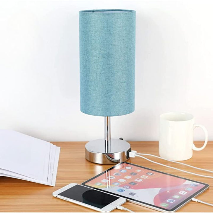 Lamp with USB connection Touch-Control Table Lamp for Bedroom Wood 3-stage dimmable Bedside Lamp with Round Linen Fabric Shade for Living Room, Student Dorm, Home Office | Kalsten