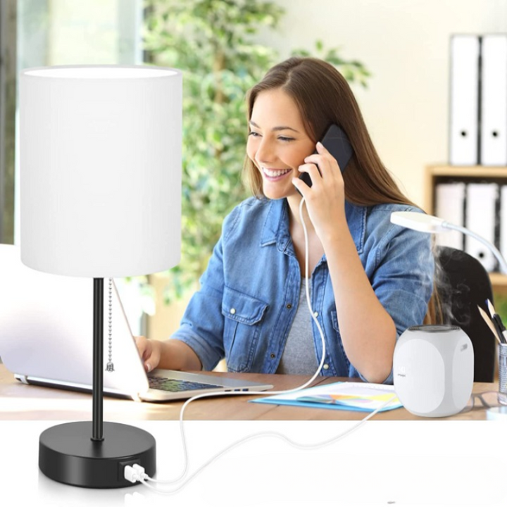 Table lamp set of 2 with USB charging ports, gray bedside lamps with AC outlet, bedside lamps with pull switch, minimalist modern desk lamps with fabric shade for living room bedroom office | Kalsten