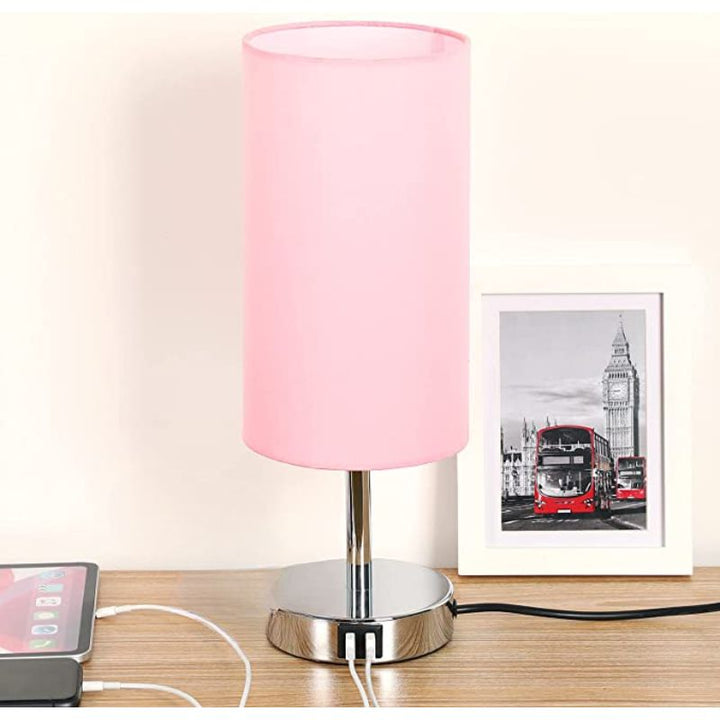 Lamp with USB connection Touch-Control Table Lamp for Bedroom Wood 3-stage dimmable Bedside Lamp with Round Linen Fabric Shade for Living Room, Student Dorm, Home Office | Kalsten