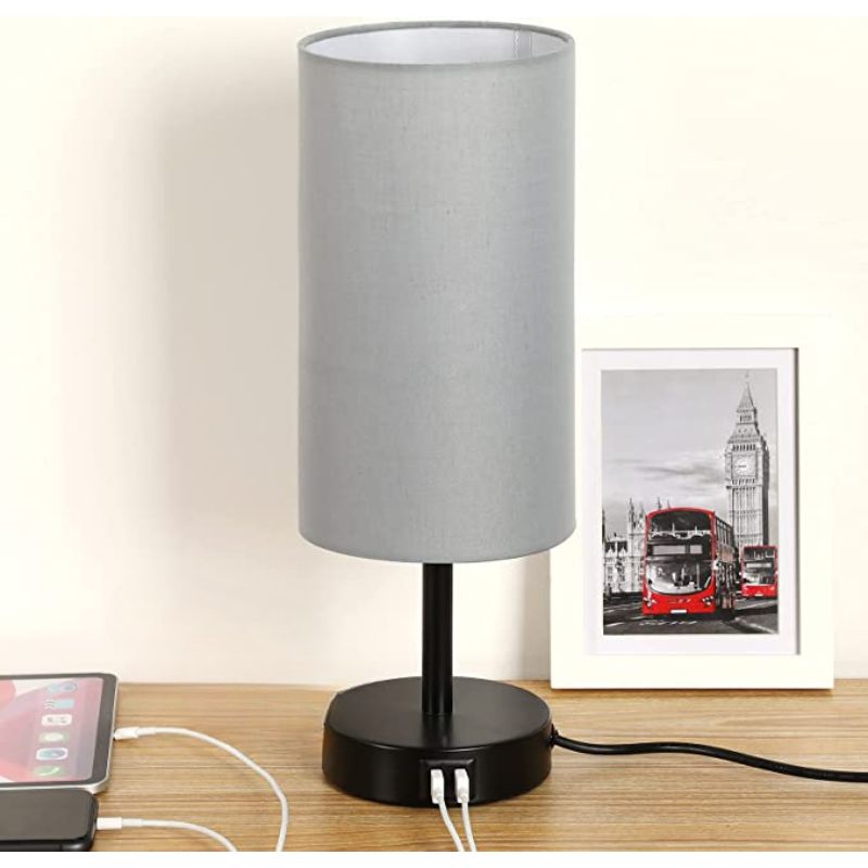 Lamp with USB connection Touch-Control Table Lamp for Bedroom Wood 3-stage dimmable Bedside Lamp with Round Linen Fabric Shade for Living Room, Student Dorm, Home Office | Kalsten