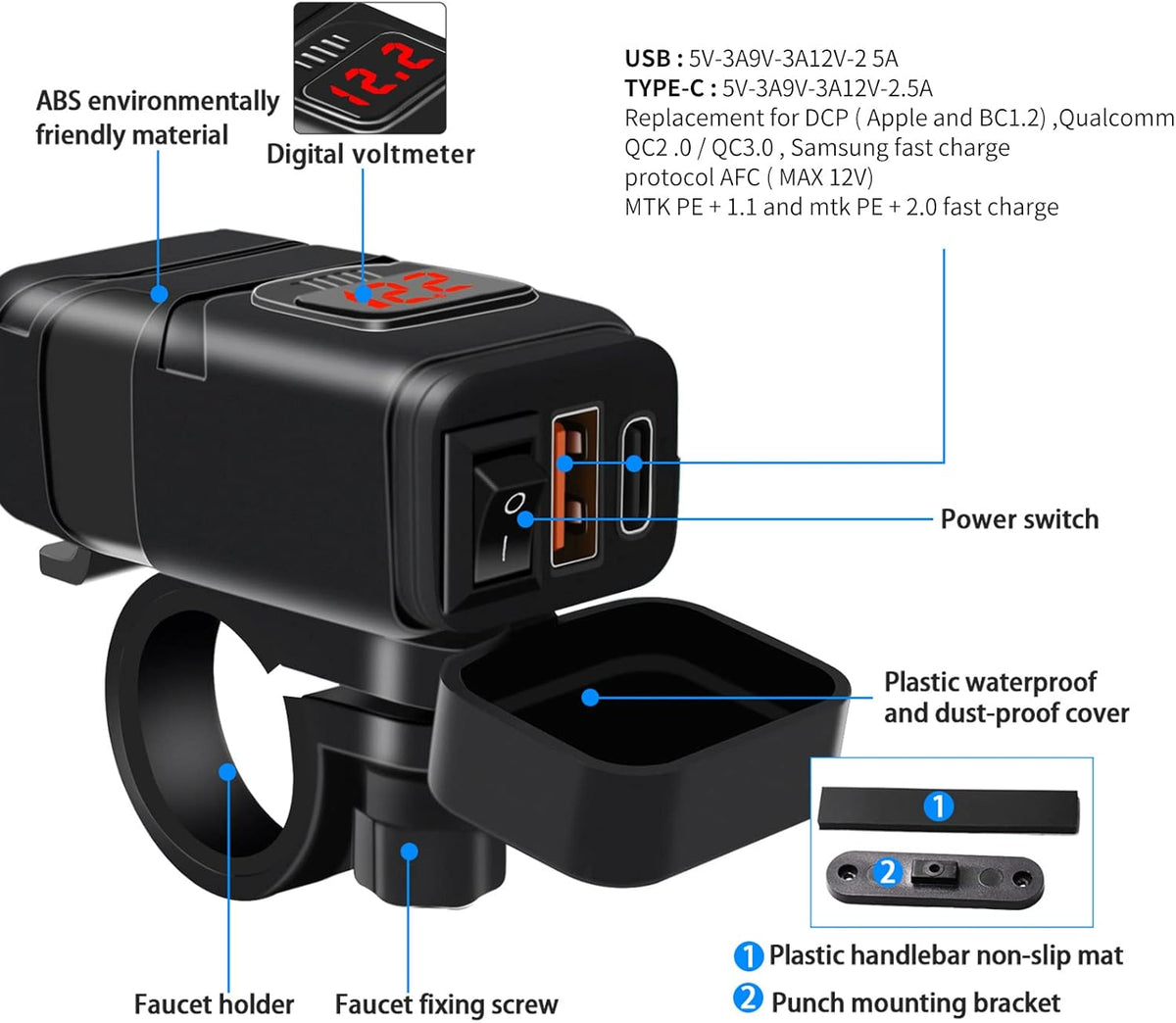 BowLift | Motorcycle USB & Type-C Fast Charger with Voltmeter – Drayvik