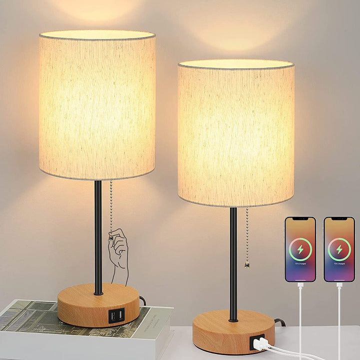 Table lamp set of 2 with USB charging ports, gray bedside lamps with AC outlet, bedside lamps with pull switch, minimalist modern desk lamps with fabric shade for living room bedroom office | Kalsten