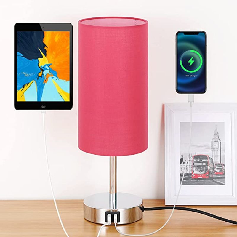Lamp with USB connection Touch-Control Table Lamp for Bedroom Wood 3-stage dimmable Bedside Lamp with Round Linen Fabric Shade for Living Room, Student Dorm, Home Office | Kalsten