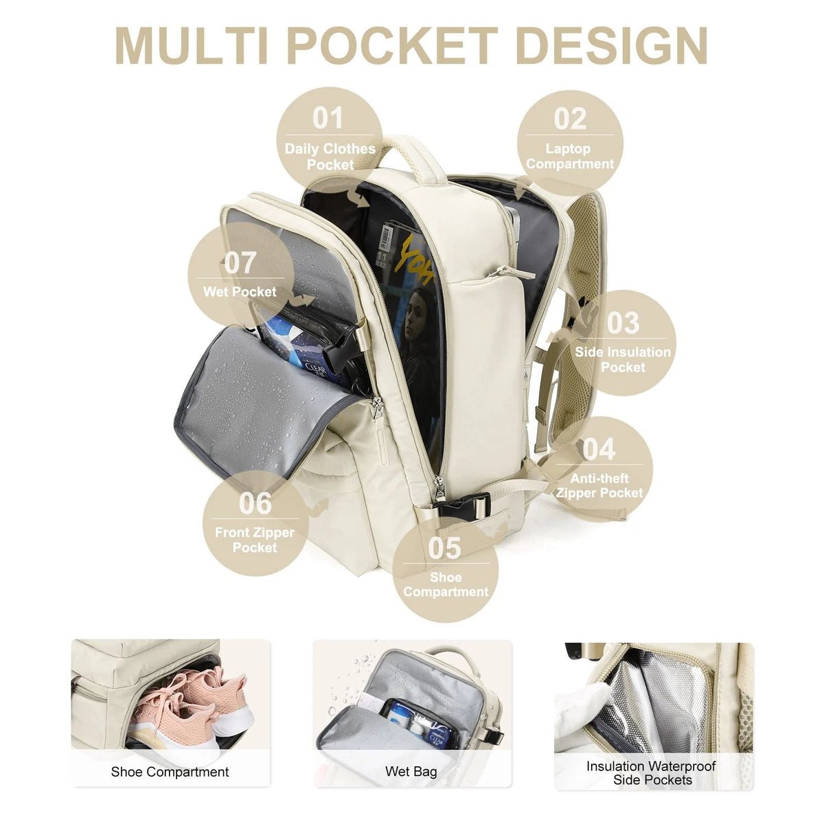 BowLift | Travelliva Women's Travel Backpack 35 L | Waterproof & with USB Port | Anti-theft & Shoe Compartment | For Hiking, Daily Use & Travel