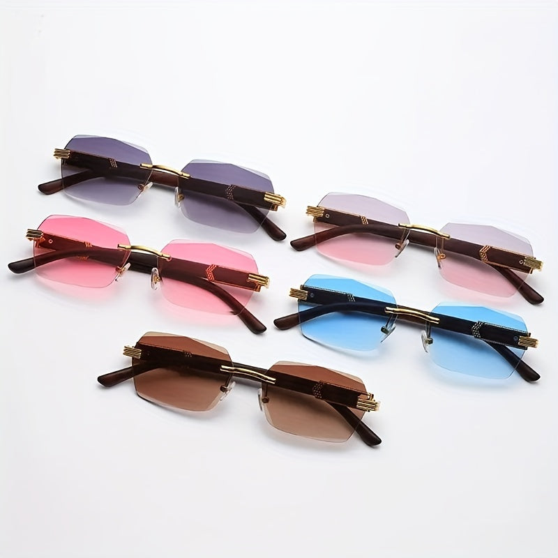 Rimless Sunglasses with Rectangular Lenses and Faux Wood Temples – Verro | Kalsten