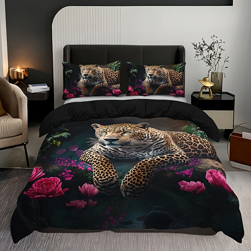 Luxurious Animal Print Bedding Set with Rose Pattern - 3-piece Kalsten