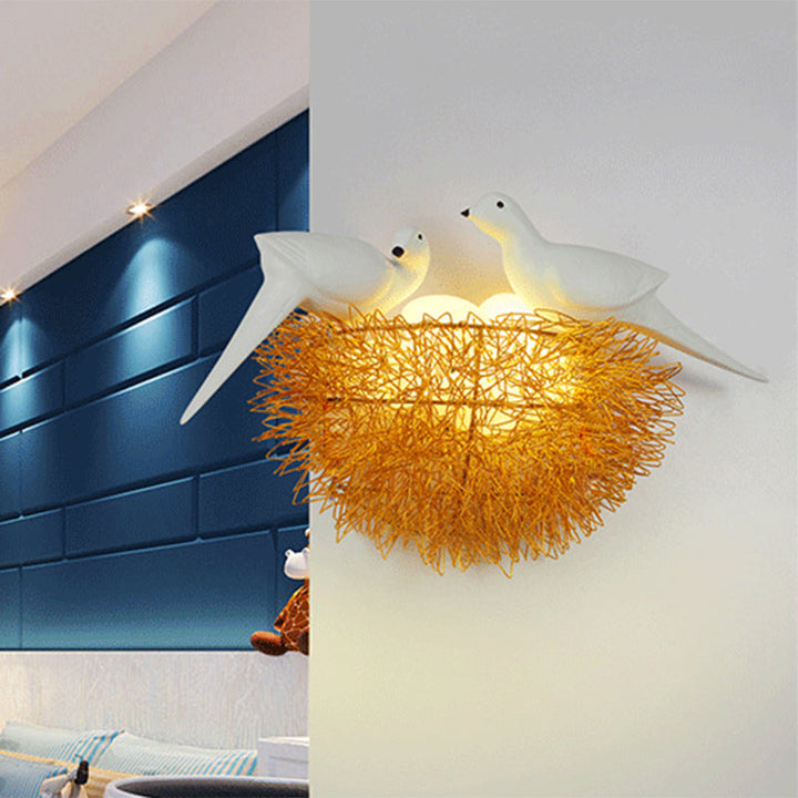 Kalsten | Gold Finish Bird Nest Flush Wall Sconce Art Deco 3 Lights Metal LED Wall Lamp with White Bird Decor