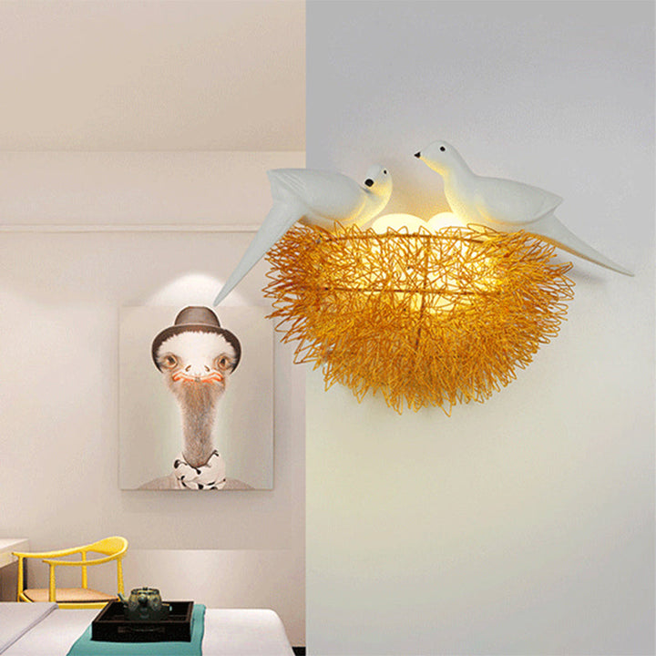 Kalsten | Gold Finish Bird Nest Flush Wall Sconce Art Deco 3 Lights Metal LED Wall Lamp with White Bird Decor