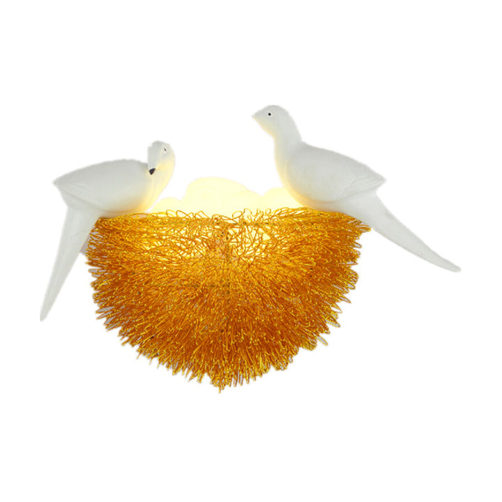 Kalsten | Gold Finish Bird Nest Flush Wall Sconce Art Deco 3 Lights Metal LED Wall Lamp with White Bird Decor