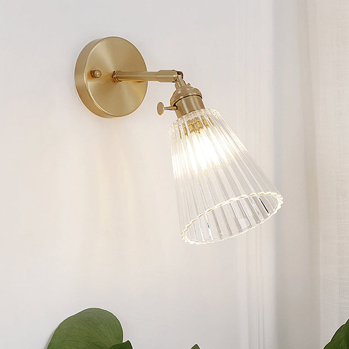 Tapered Clear Textured Glass Wall Lighting Industrial Single Bulb Dining Room Sconce Lamp in Brass | Kalsten