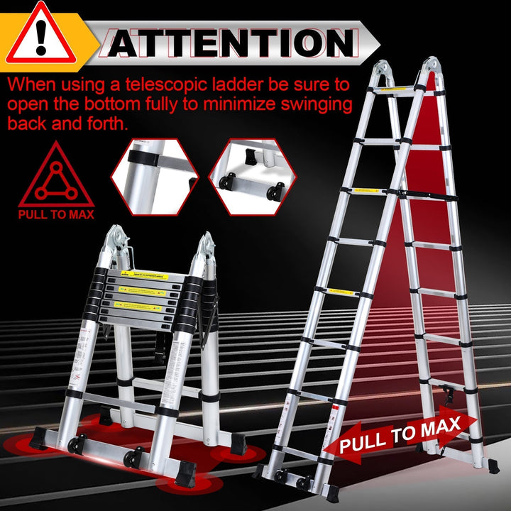 5M Aluminum Telescopic Ladder Folding Ladder with Wheels and Triangle Stabilizer | Kalsten