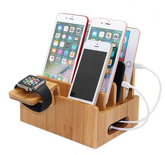 Kalsten | Tekavo ChargeDock Charging Station made of Bamboo | 5-Port USB & Organizer | For Smartphone, Tablet & Smartwatch | Incl. Cable Set