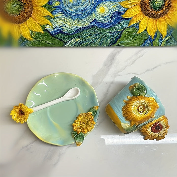 ArtSip Ceramic Cup & Saucer Set – Hand-painted 3D Design inspired by Van Gogh | Kalsten