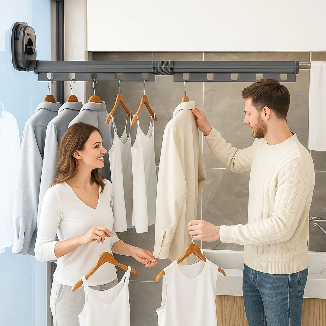 SpaceEase | Folding Clothes Hanger – Retractable Wall-Mounted Rack – Stainless Steel – Ideal for Small Spaces Kalsten
