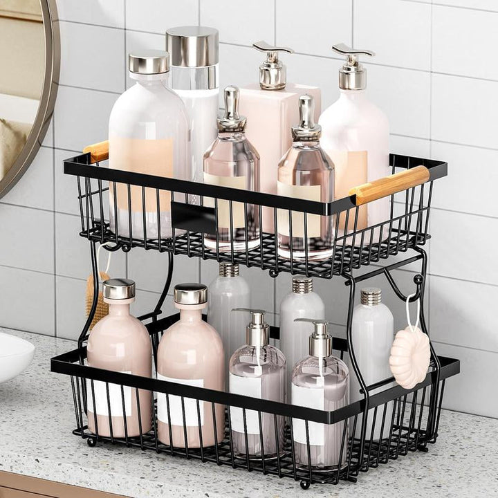 Kalsten | 2-Tier Metal Fruit & Vegetable Storage Rack with Hooks