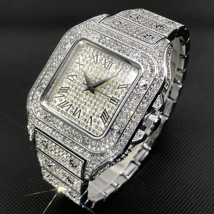 Karnz | MISSFOX Ice Out Square Men's Watch | 18K Gold Nano-Vacuum Plating | Swiss Quartz Movement | Fully Set with Lab Diamonds | Stainless Steel Case | Water Resistant 3 ATM