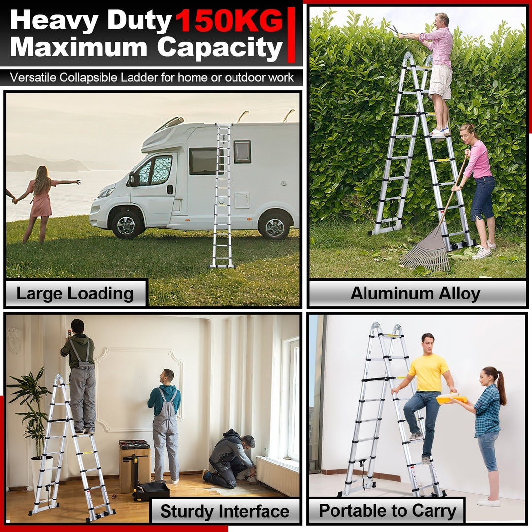 5M Aluminum Telescopic Ladder Folding Ladder with Wheels and Triangle Stabilizer | Kalsten