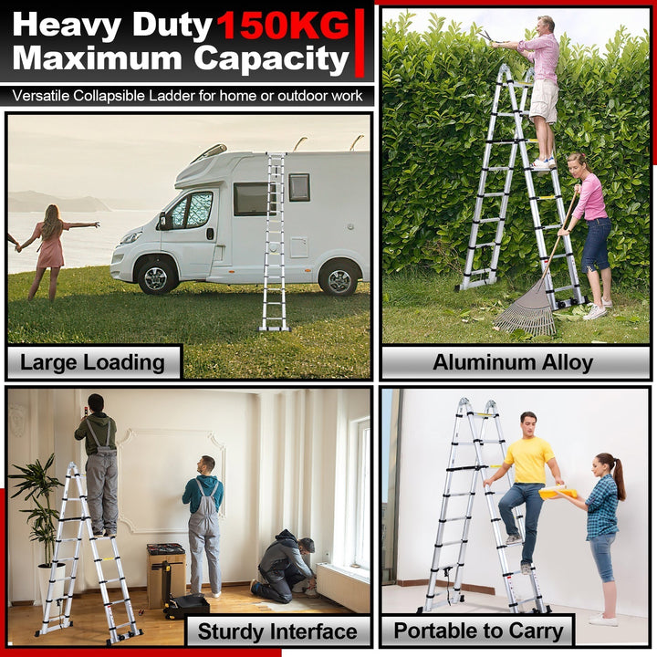 5M Aluminum Telescopic Ladder Folding Ladder with Wheels and Triangle Stabilizer | Kalsten