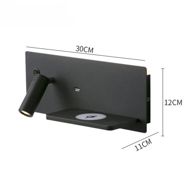 LED Wall Lamp with USB Connection and Shelf for Bedroom or Office