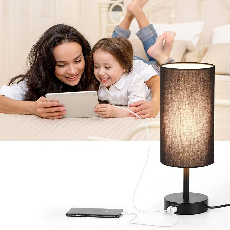 Lamp with USB connection Touch-Control Table Lamp for Bedroom Wood 3-stage dimmable Bedside Lamp with Round Linen Fabric Shade for Living Room, Student Dorm, Home Office | Kalsten