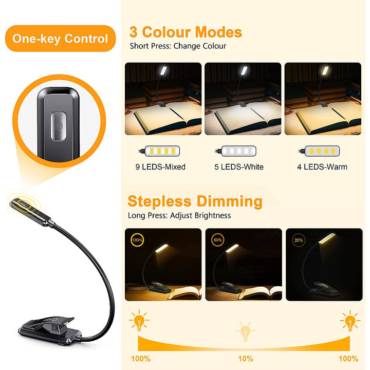 Kalsten | Buy 9 LED USB rechargeable reading lamp for reading in bed - eye-friendly, stepless dimmable | Small lightweight clip-on reading lamp