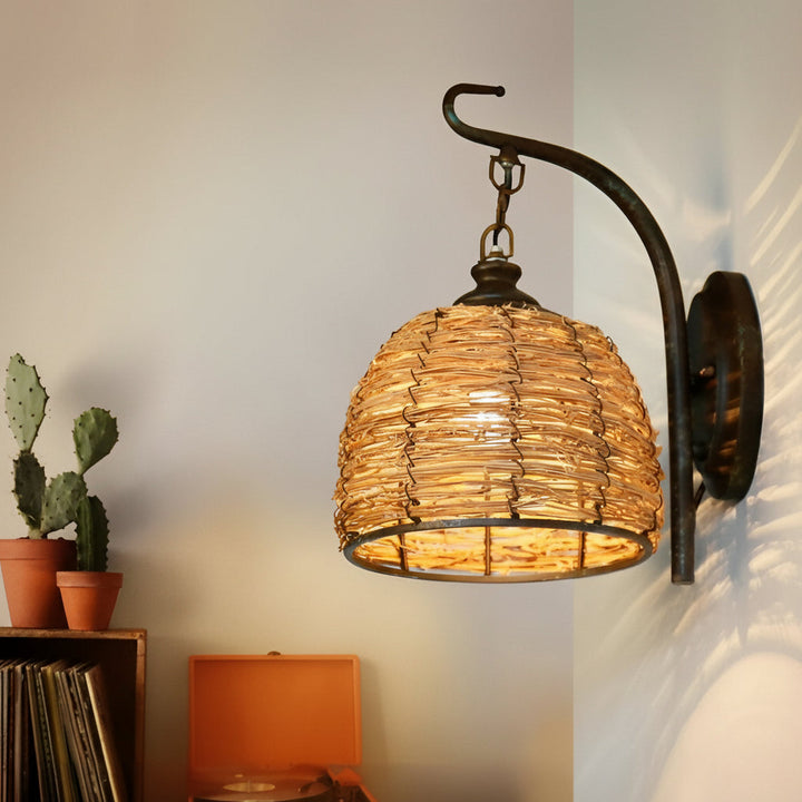 LED Wall Sconce Light – Boho Hand-Woven Rattan Iron (33x20cm / 13.0x8.0in) | Kalsten