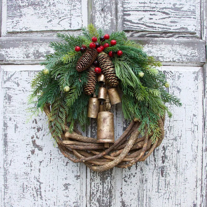 Kalsten | Christmas Wreath | Boho Style | Rustic Vine Base with Pinecones & Golden Bells