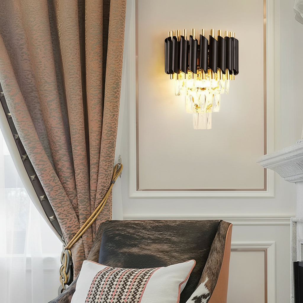 LED Wall Sconce Light – Modern Postmodern Crystal Gold Black (35x25cm / 14x10in) | Kalsten