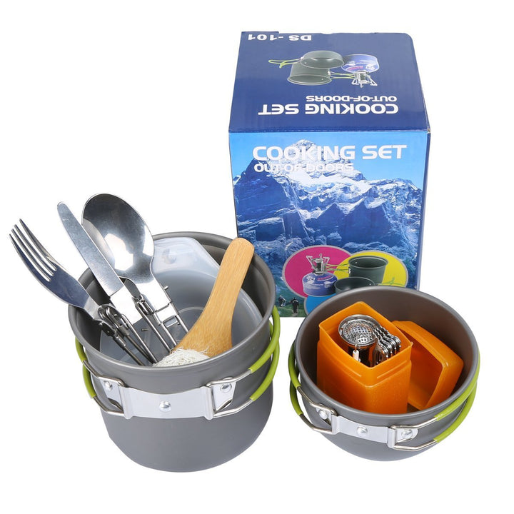 compact lightweight camping cookware and backpacking cook set with folding stove and nesting non-stick pots Kalsten