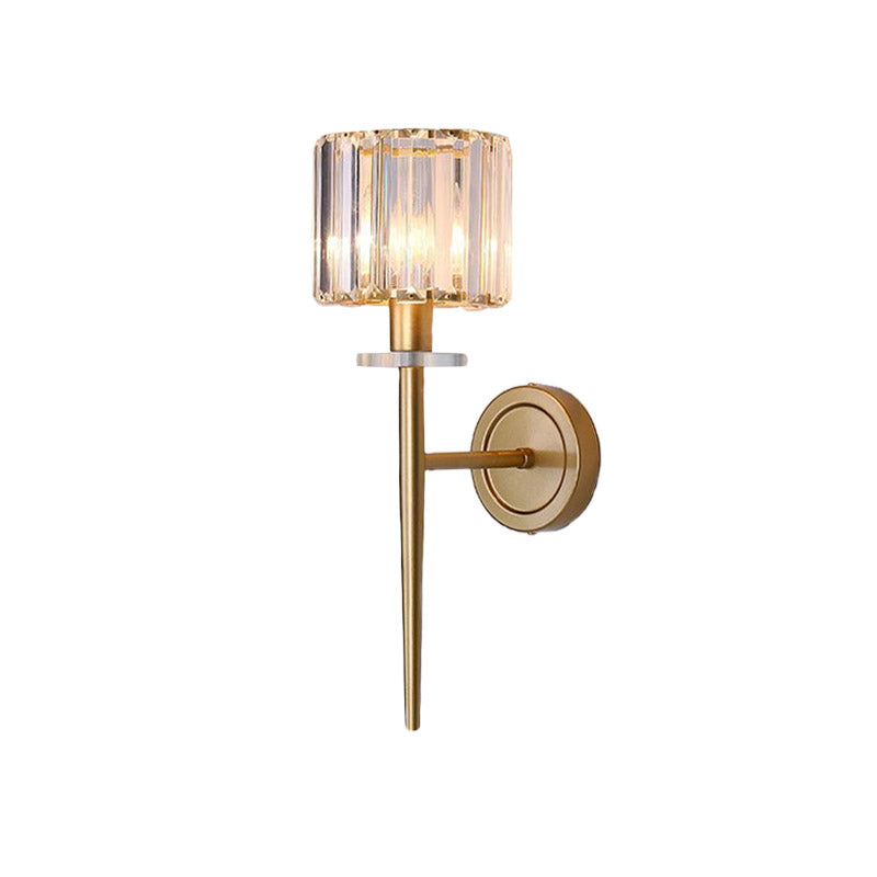 Crystal Block Gold Wall Sconce Cylindrical 1 Light Simple Wall Lighting Fixture with Iron Pencil Arm | Kalsten