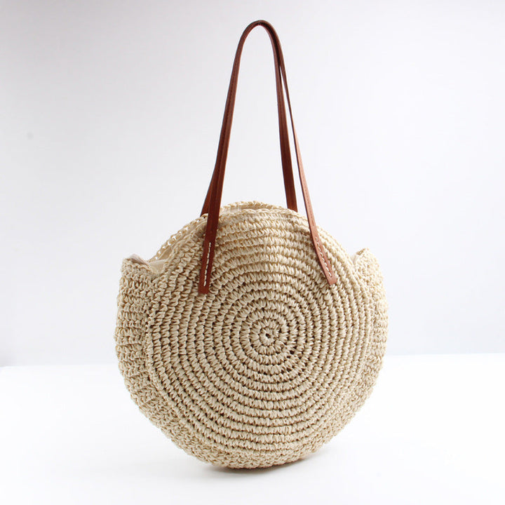 Handcrafted Round Basket Bag with Short Leather Handles Kalsten