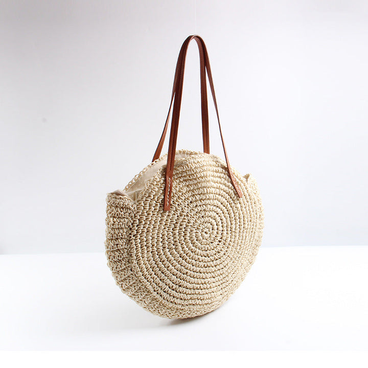 Handcrafted Round Basket Bag with Short Leather Handles Kalsten