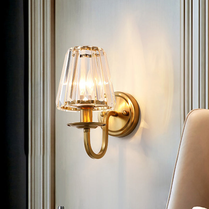Modern Cone Wall Light Fixture 1 Head K9 Crystal Wall Sconce in Gold with Arched Arm | Kalsten