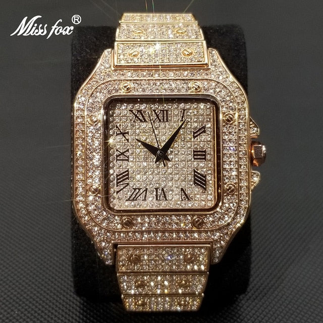 Karnz | MISSFOX Ice Out Square Men's Watch | 18K Gold Nano-Vacuum Plating | Swiss Quartz Movement | Fully Set with Lab Diamonds | Stainless Steel Case | Water Resistant 3 ATM