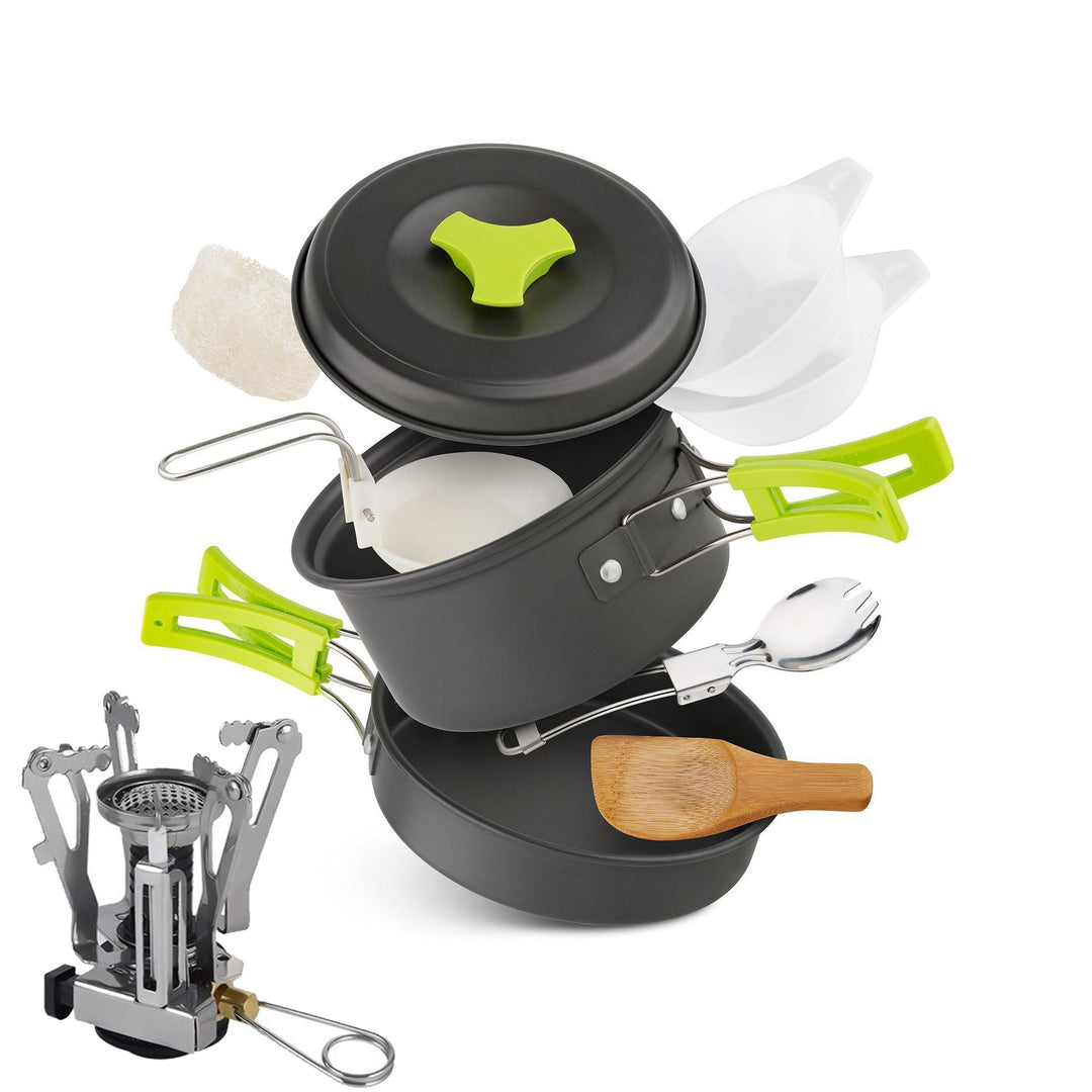lightweight nesting camping cookware set with folding heat-resistant handles integrated compact stove and utensils Kalsten