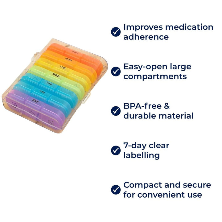 MediTrack | Weekly Pill Organizer – Improves Medication Adherence - Easy‑Open Large Compartments – BPA‑Free Durable – Travel & Seniors Kalsten