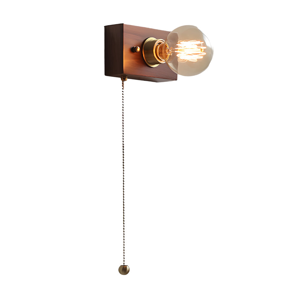 Round/Square Vintage Walnut Wood Wall Lamp 1-light with Pull Chain Switch | Kalsten