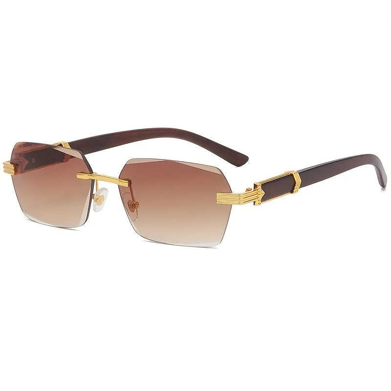 Rimless Sunglasses with Rectangular Lenses and Faux Wood Temples – Verro | Kalsten