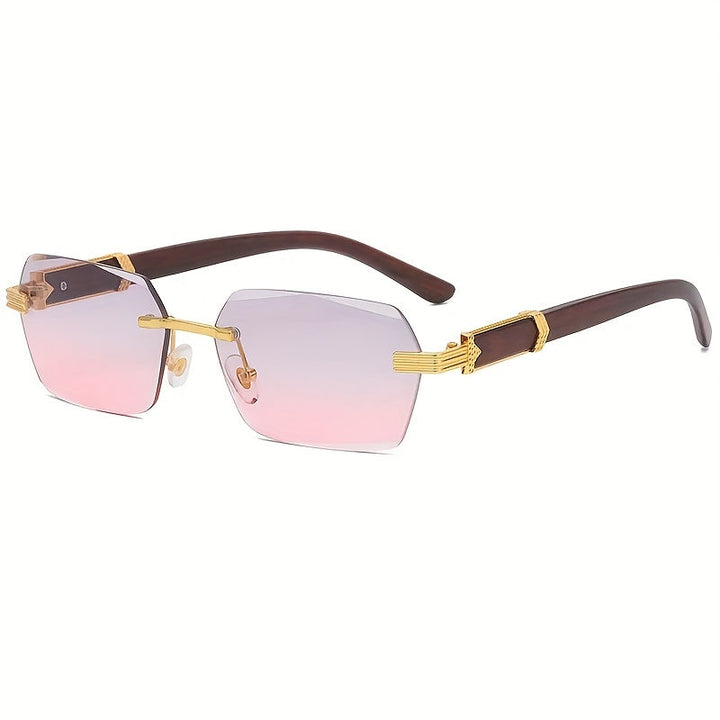 Rimless Sunglasses with Rectangular Lenses and Faux Wood Temples – Verro | Kalsten