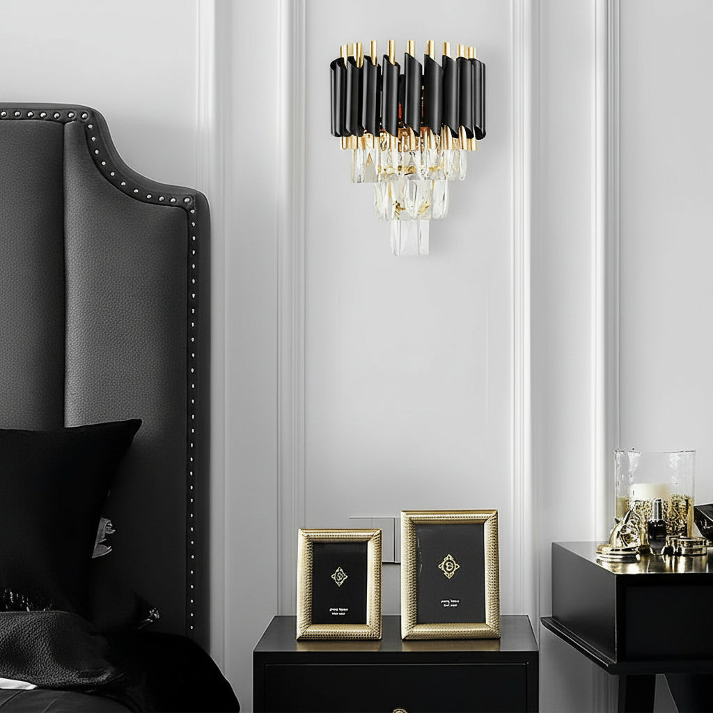 LED Wall Sconce Light – Modern Postmodern Crystal Gold Black (35x25cm / 14x10in) | Kalsten