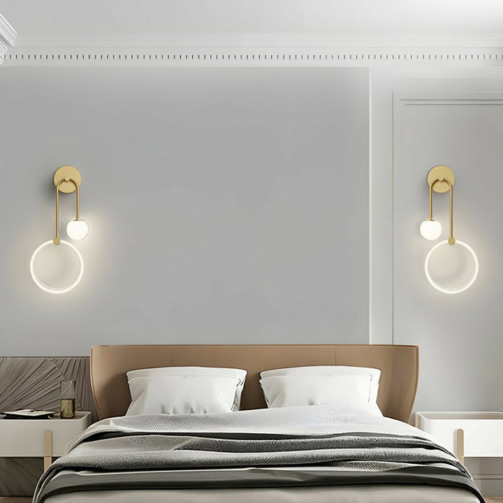 LED Wall Sconce Light – Modern 2-Light Gold Acrylic Ring Frosted Globe (45x23cm / 17.7x9.1in) | Kalsten