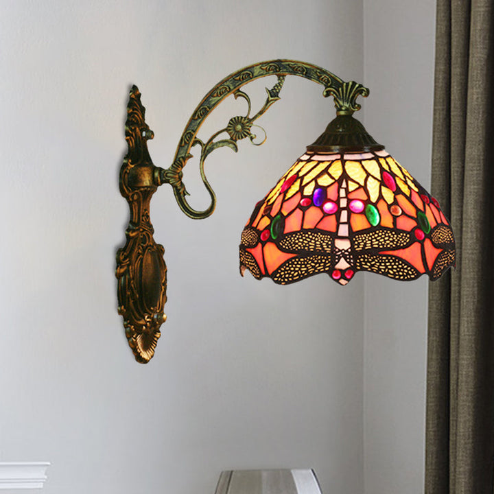 Kalsten | 1-Head Bedroom Wall Mounted Lamp Tiffany Bronze Wall Light with Cone Dragonfly Pattern Glass Shade