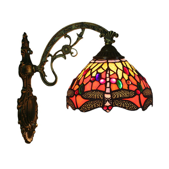 Kalsten | 1-Head Bedroom Wall Mounted Lamp Tiffany Bronze Wall Light with Cone Dragonfly Pattern Glass Shade