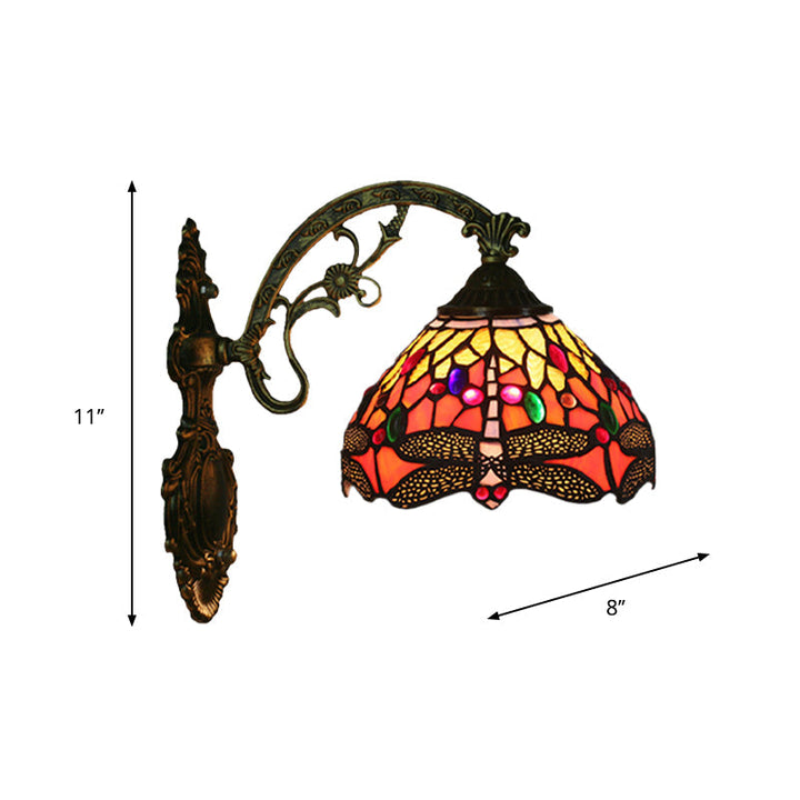 Kalsten | 1-Head Bedroom Wall Mounted Lamp Tiffany Bronze Wall Light with Cone Dragonfly Pattern Glass Shade