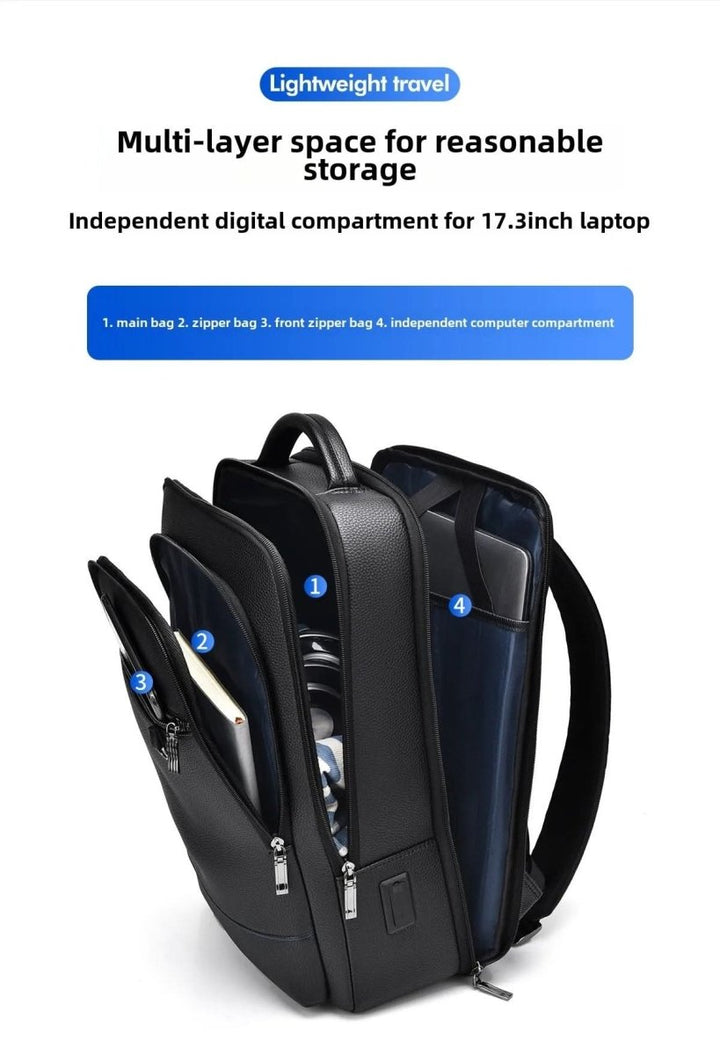 Kalsten | Elegant leather rucksack for men/women with USB port for laptop and everyday use, 15.6 inch, black